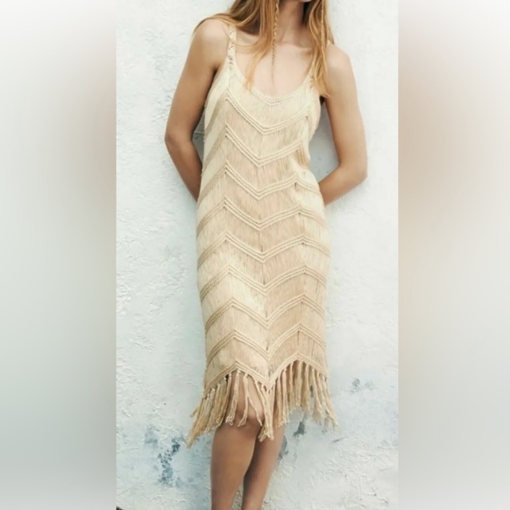 Zara Fringe Midi Dress NWT S